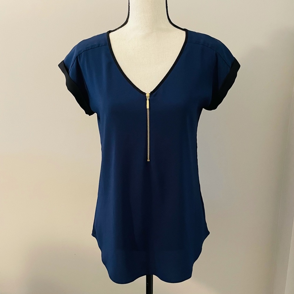 Silk Navy Top w/ Black Detail & Gold Zipper